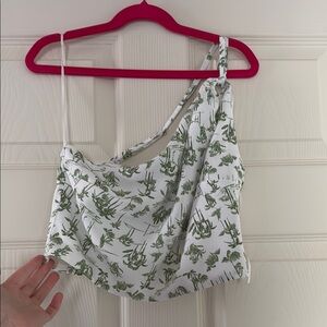 One-Shoulder Green Leaf Print Crop Top